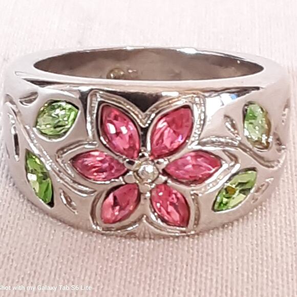 Colorful Band Ring Floral Encrusted Marquise Stones On Silver Tone Setting - Picture 3 of 10